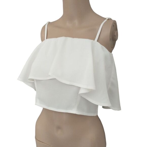 Y2K Ruffled Crop Top Cami Vanilla White Adjustable Spaghetti Straps Zipper Back. - Picture 4 of 16